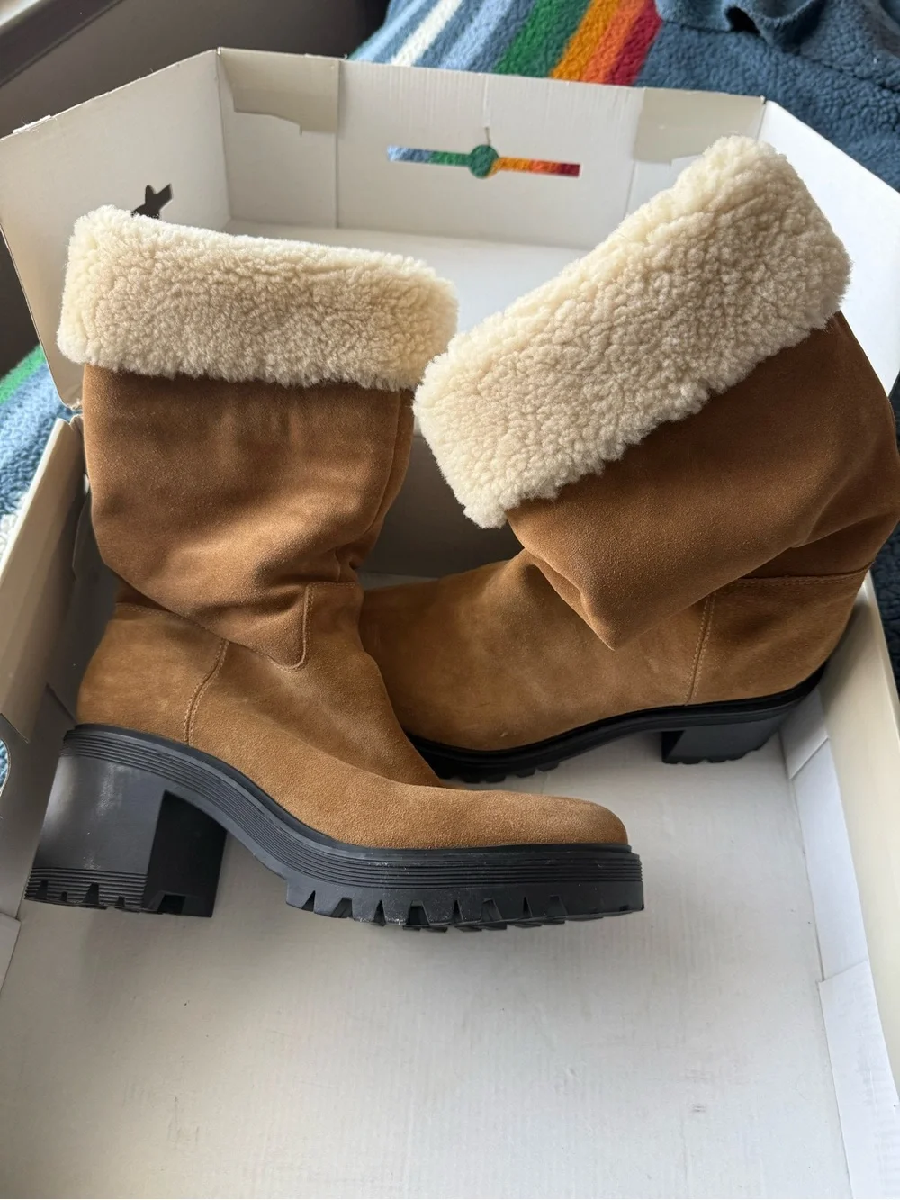 Marc Fisher Tan Suede Winter Boots with Cream Shearling Trim
